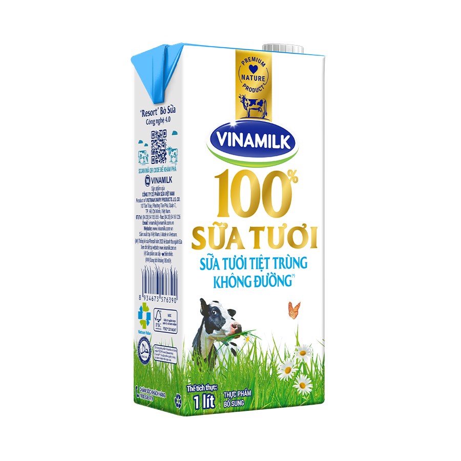 Sữa tươi Vinamilk 100% không đường hộp 1L